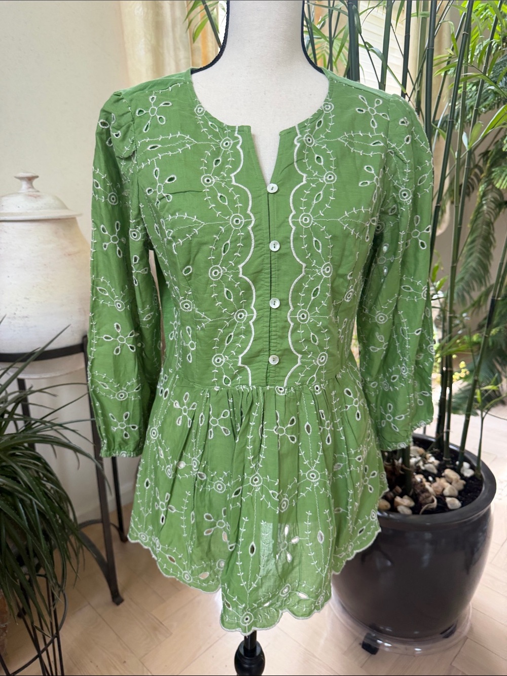 LOGO by Lori Goldstein Olive Green Eyelet Embroidered Peplum Tunic